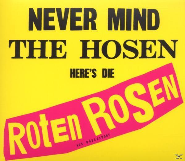 Gelber Hintergrund. Text: Never Mind the Hosen. Text: Here's Die Roten Rosen. Rosa, schräger Text.