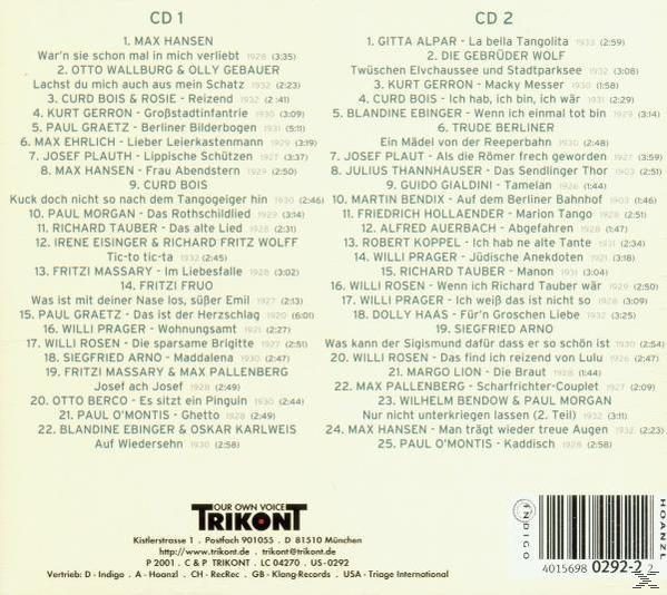 CD-Titelliste mit Künstler- und Songtiteln. Zwei Spalten. Grauer und weißer Hintergrund.