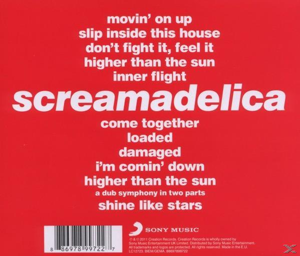 Roter Hintergrund mit weißem Text, der Songtitel von Screamadelica auflistet. Das Albumcover.