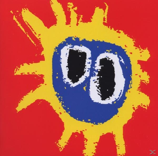 Albumcover mit gelber Sonne mit Gesicht und blauem Zentrum auf rotem Hintergrund.