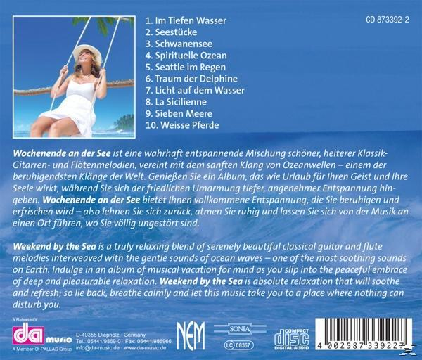 Album-Rückseite mit Titelliste, Text und Bildern einer Frau auf einer Schaukel am Meer.
