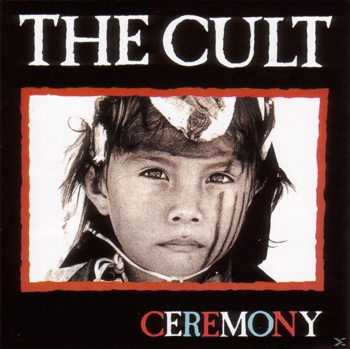 Albumcover: The Cult, Ceremony. Kindergesicht in rot umrandetem Weiß, schwarzer Hintergrund.