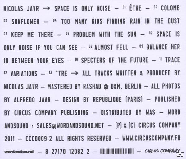 Text mit Titelliste. Titel ist 'Space Is Only Noise'. Es ist eine Liste von Musiktiteln und Credits.