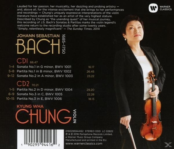 CD-Cover mit einer Frau, die eine Geige hält, Text von Bachs Sonaten und Partiten.