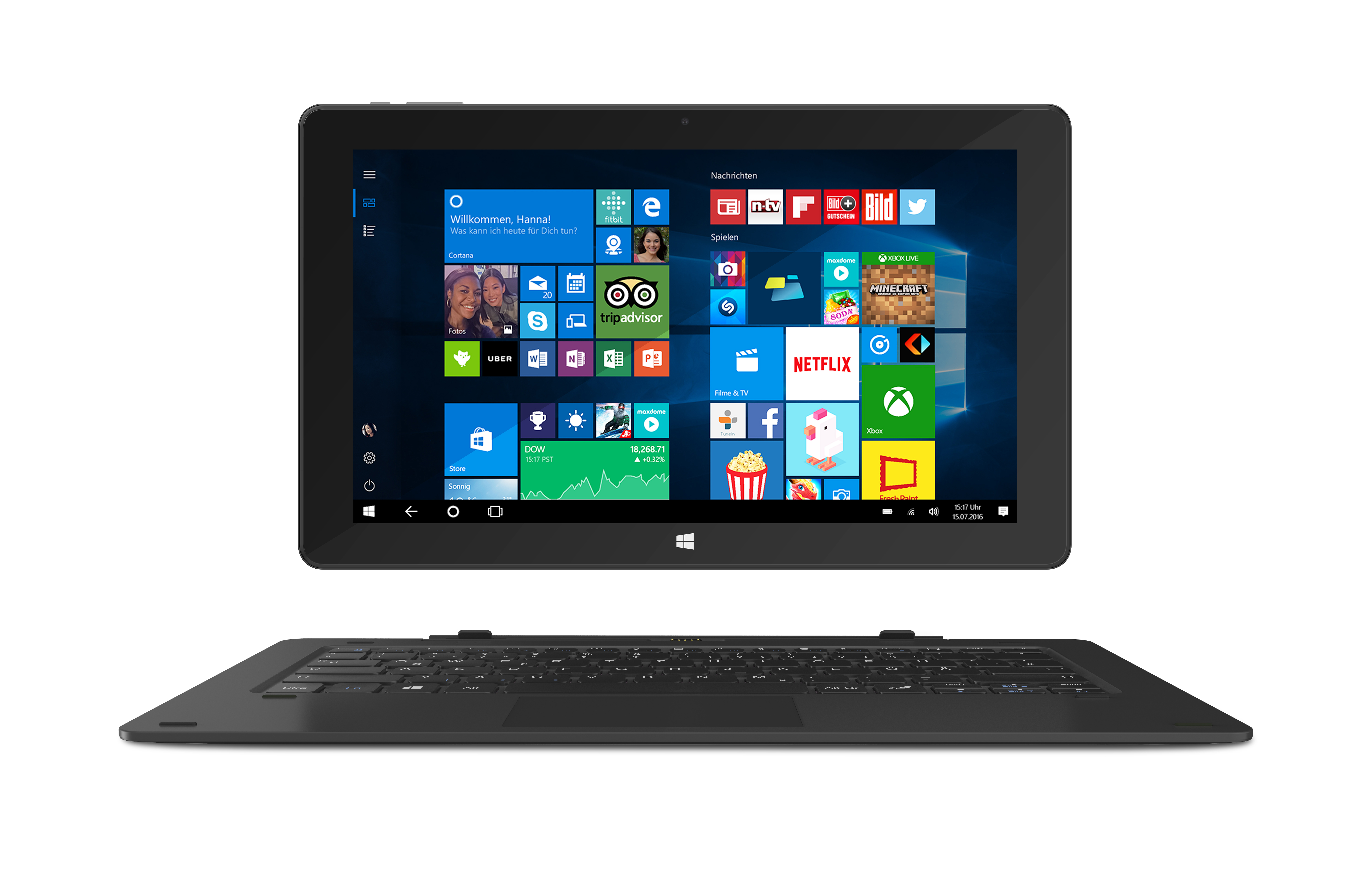 Schwarzes Tablet mit Tastatur darunter, Windows 10-Oberfläche auf dem Bildschirm, weißer Hintergrund.