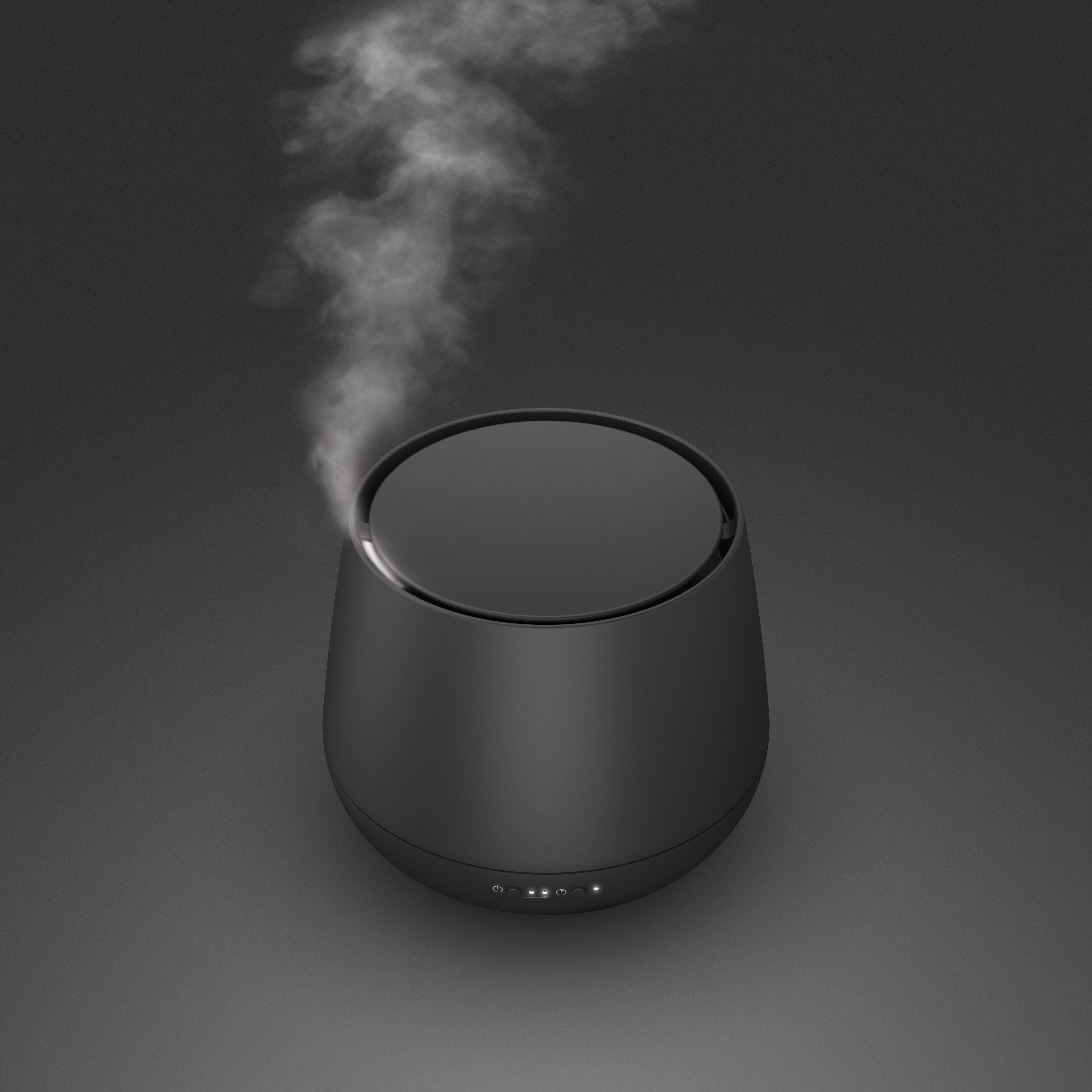 Schwarzer Luftbefeuchter mit Nebel, der aus der Oberseite austritt, auf dunkler grauer Oberfläche. Kleine Lichter sichtbar.