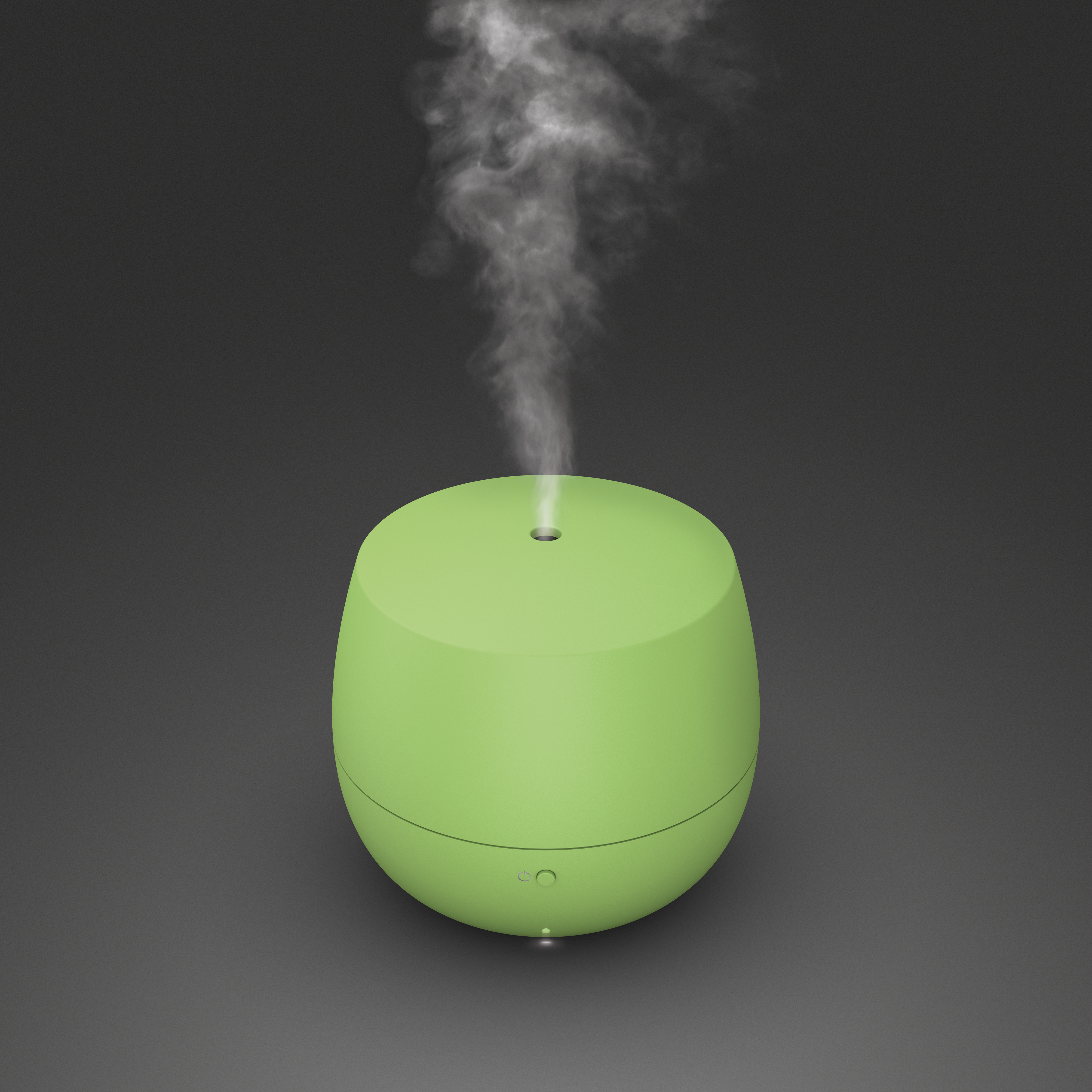 Ein grüner Diffusor für ätherische Öle, der weißen Dampf vor dunklem Hintergrund abgibt.