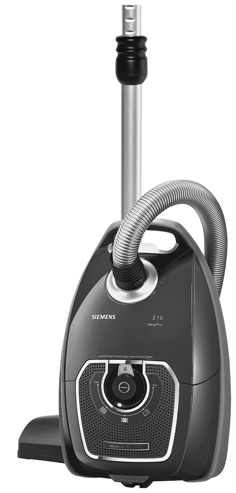 Ein schwarzer und grauer Siemens Staubsauger. Der Staubsauger steht aufrecht.