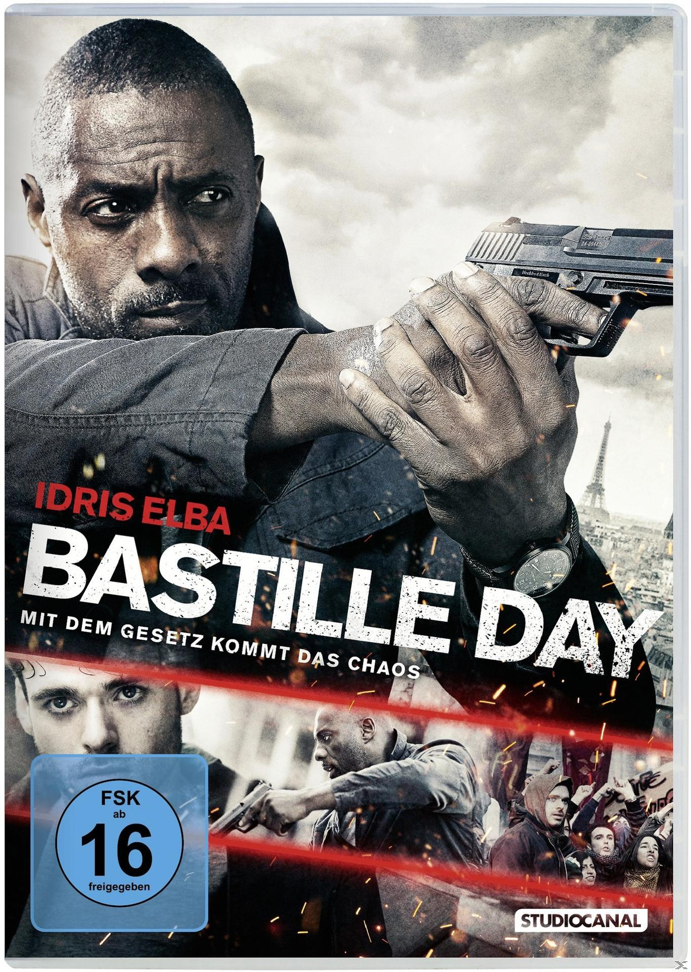 DVD-Cover von 'Bastille Day' mit Idris Elba mit einer Waffe und Eiffelturm.