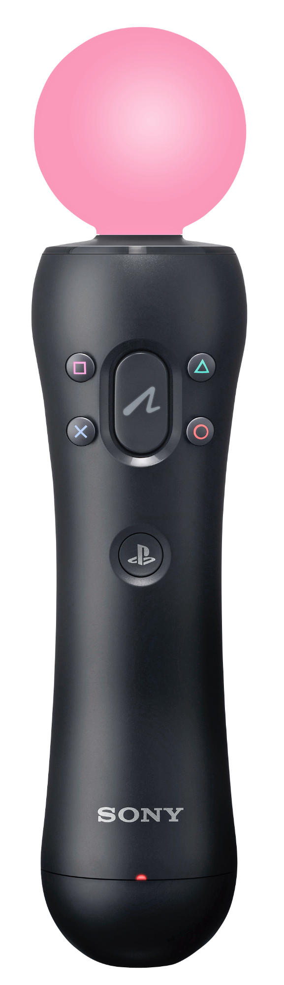 Controlador Sony PS3 negro con esfera rosa arriba y botones.