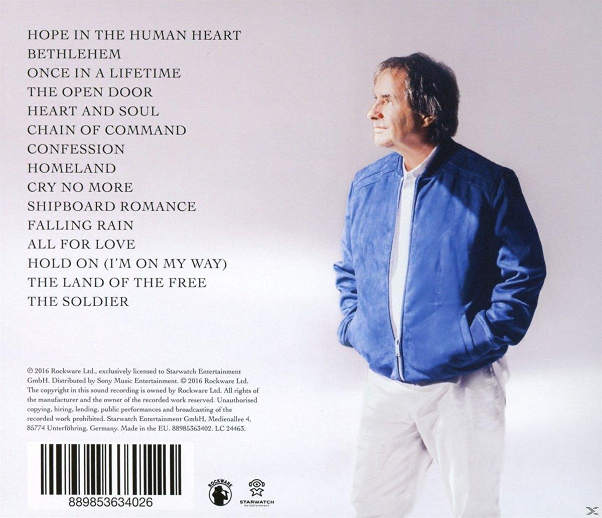 Albumrückseite mit Titelliste und Mann in blauer Jacke, der nach rechts schaut. Weißer Hintergrund.