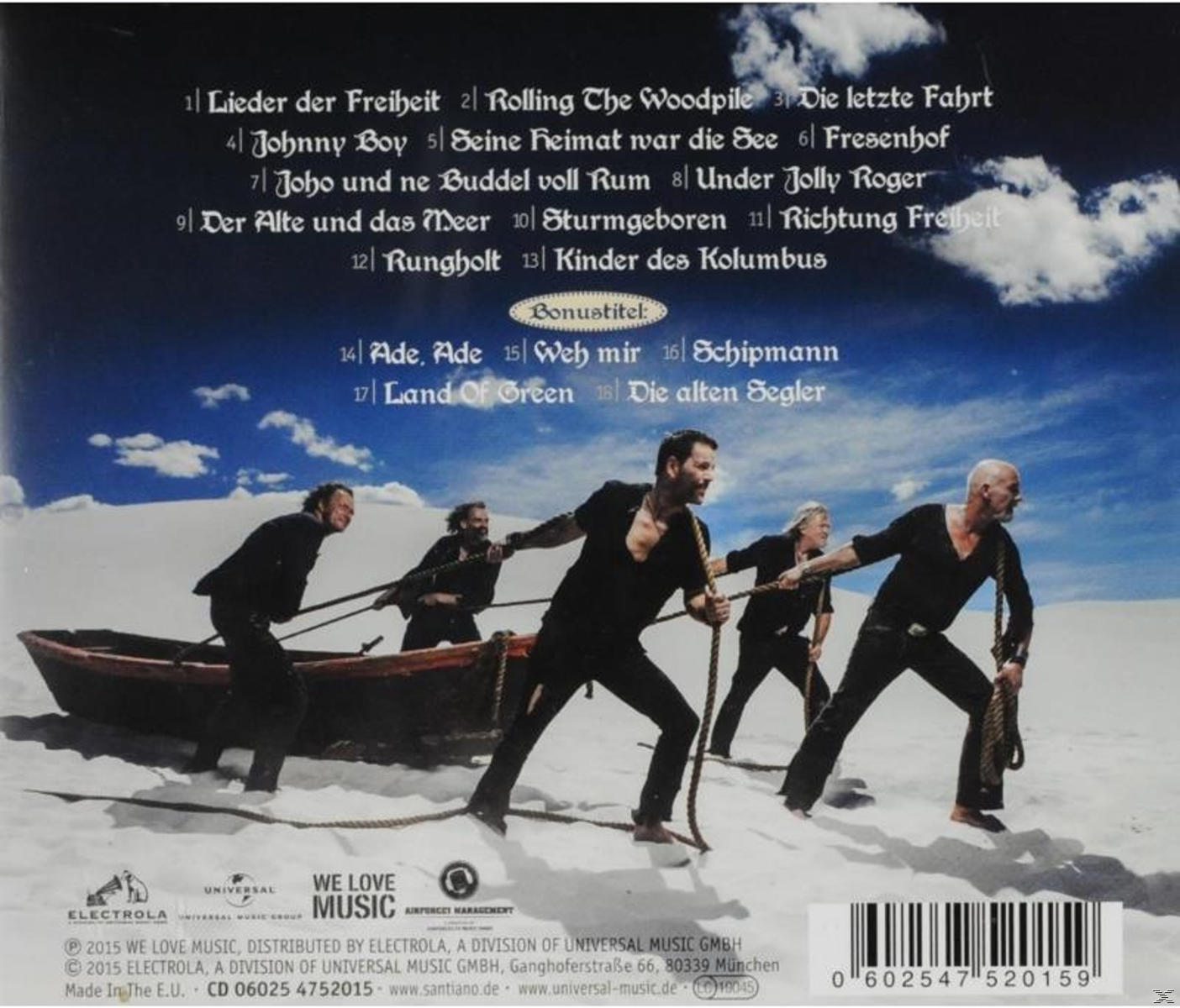 Rückseite einer Musik-CD mit Text und Bildern von Männern in einem Boot, rudern.