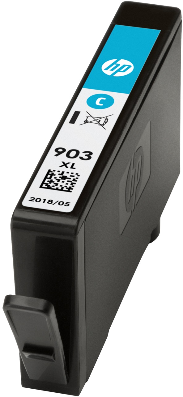 Black HP ink cartridge with cyan ink indicator and white label.