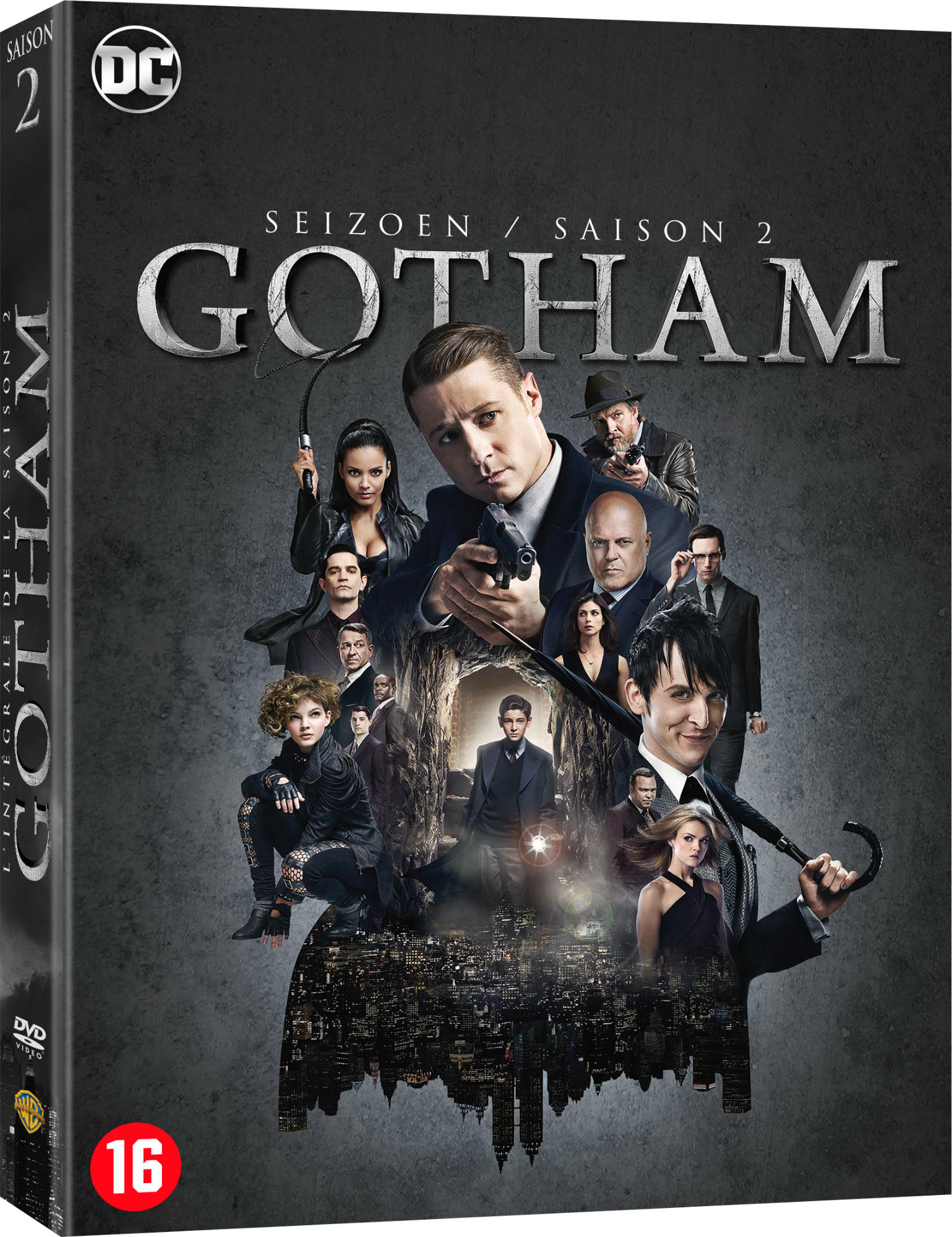 Couverture du DVD de la saison 2 de Gotham. Présente les acteurs, le texte et le logo DC.