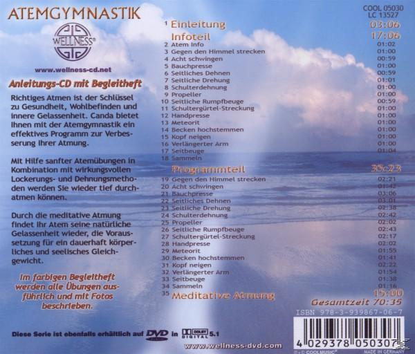 CD-Cover mit deutschem Text. Es listet Übungen und Zeiten für Atemübungen auf. Das Cover hat ein Wellness-Logo.