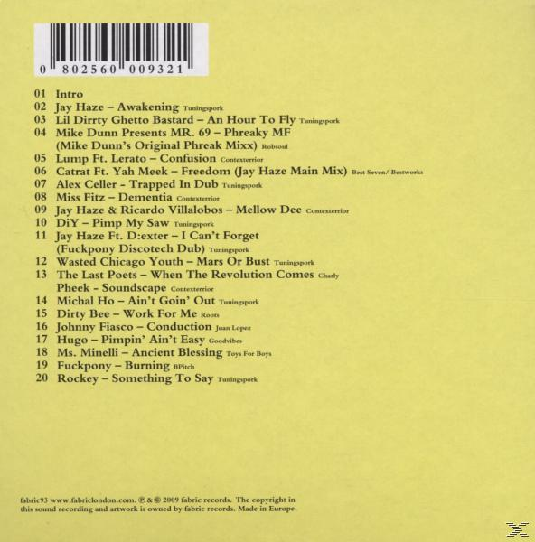 Ein CD-Cover mit Titelliste und Urheberrechtsinformationen, fabric93-Logo sichtbar.