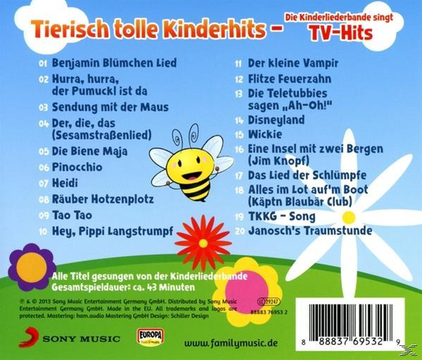 Rückseite einer Kinder-CD mit Titeln und einer Cartoon-Biene mit einer Blume.