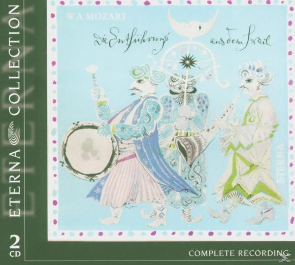 CD-Cover von Mozarts Die Entführung aus dem Serail. Drei Figuren spielen Instrumente.
