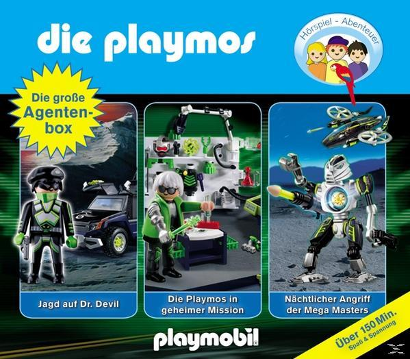 Playmobil-Box-Set mit drei Szenen: Agent, Playmobil-Wissenschaftler und Roboter. Blauer Hintergrund und Text.