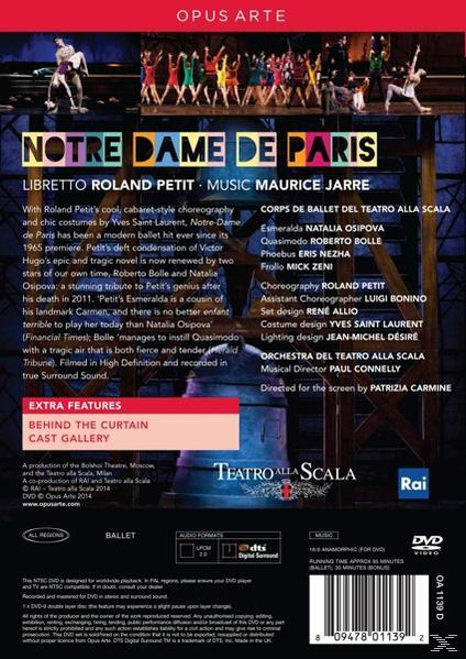 DVD-Cover für Notre Dame de Paris. Balletttänzer im Hintergrund. Text enthält Credits und Theaterinformationen.