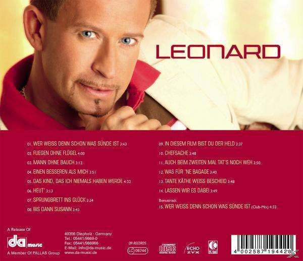 Albumcover. Ein Mann mit blauen Augen und einem roten Kragenhemd. Text: LEONARD in weißen Buchstaben.
