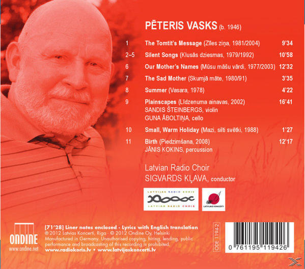 Ein CD-Cover mit dem Gesicht eines Mannes in Orangetönen. Text auf Lettisch, mit dem Titel Pēteris Vasks.