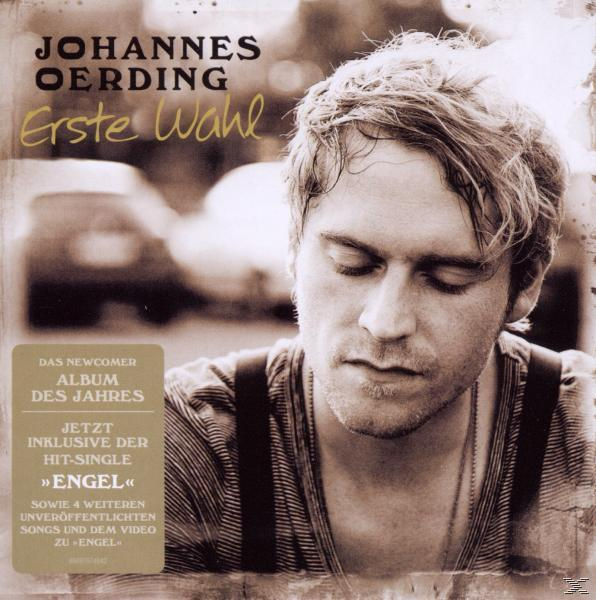 Johannes Oerding Erste Wahl Albumcover. Mann mit geschlossenen Augen, Brauntöne. Text: Das Newcomer Album des Jahres.