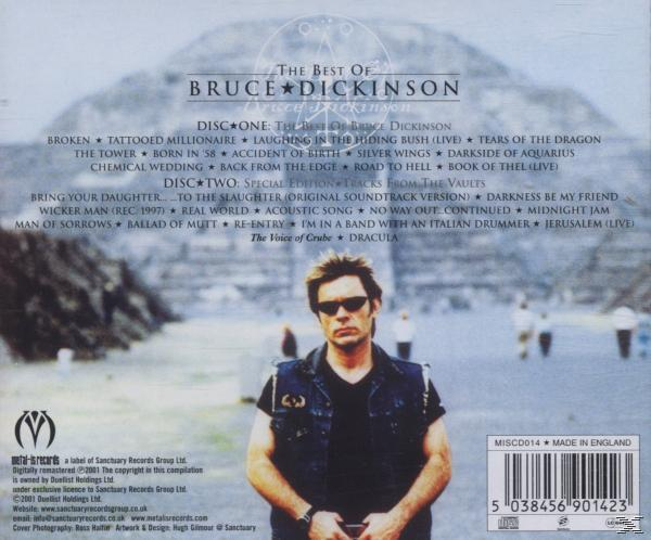 Bruce Dickinson mit Sonnenbrille und Lederjacke auf der hinteren Albumhülle. Eine Titelliste ist sichtbar.