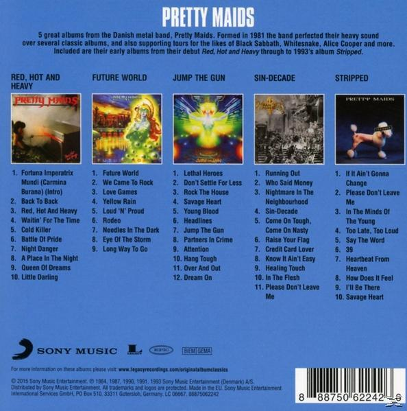 Albumcover mit Text und Bildern der Band Pretty Maids und ihren Alben.