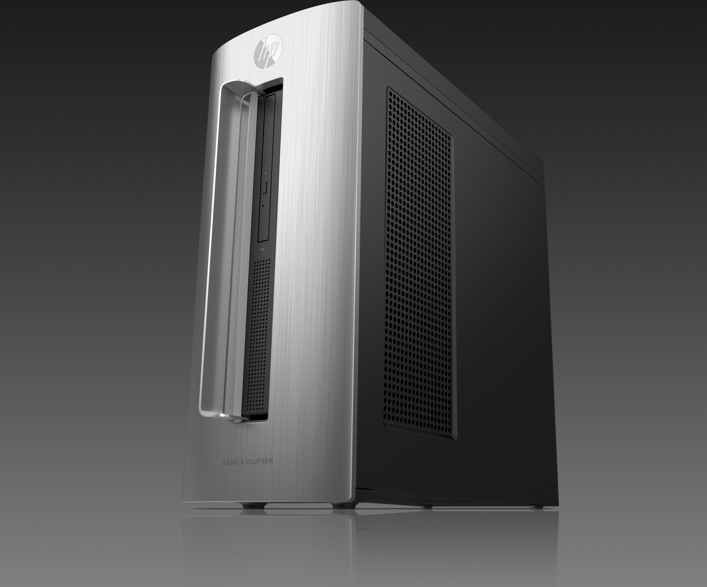 Silber-schwarzes HP Computergehäuse mit schlankem Design und reflektierender Oberfläche.