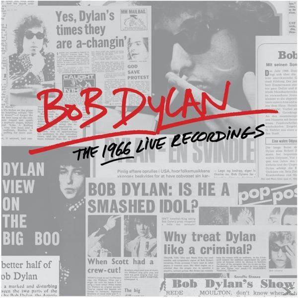 Pochette d'album avec des coupures de journaux. Titre : Bob Dylan, The 1966 Live Recordings.