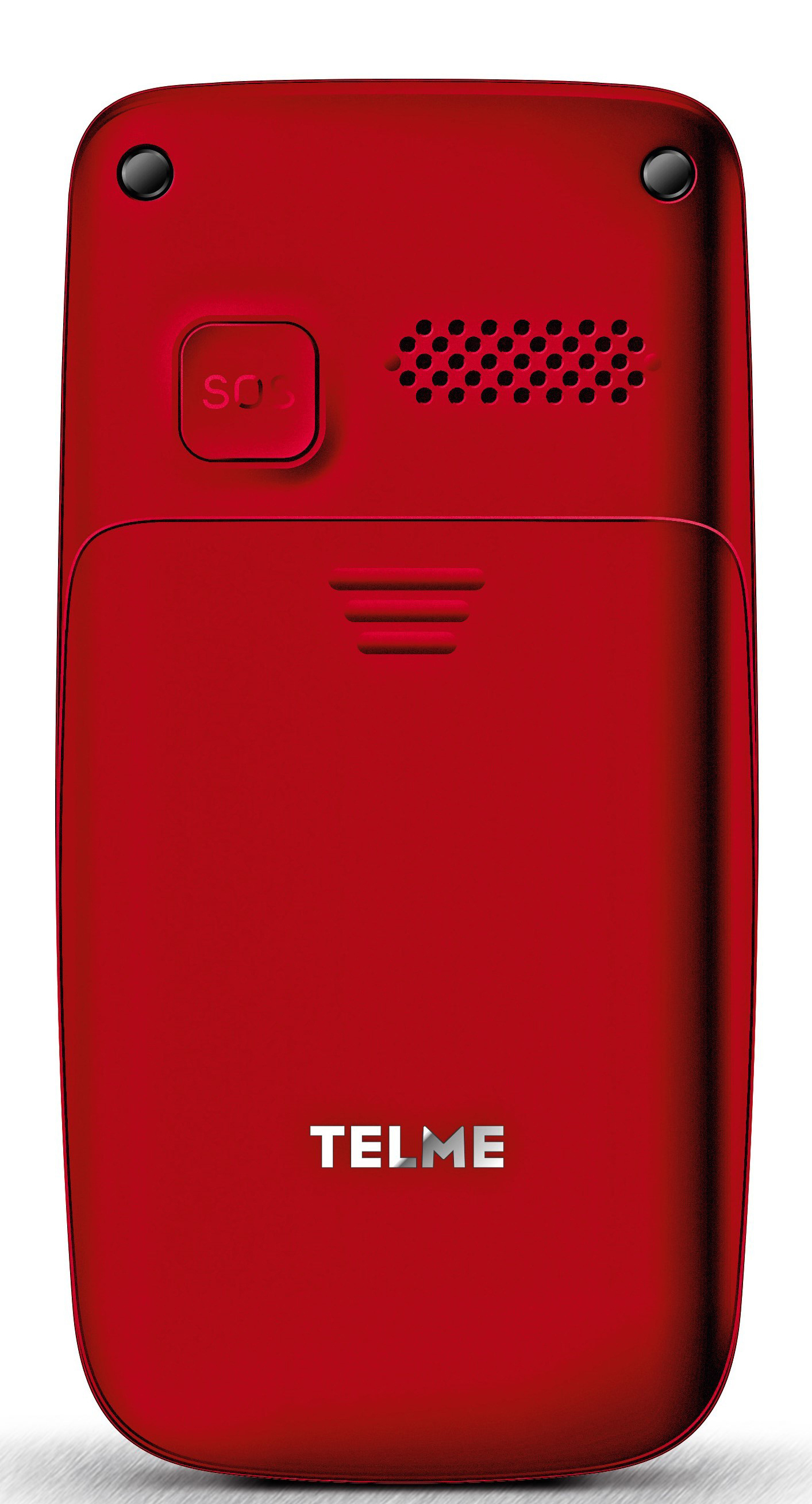 Rotes Telme-Telefon. SOS-Taste, Lautsprecher und eine Abdeckung. Weißer Hintergrund.