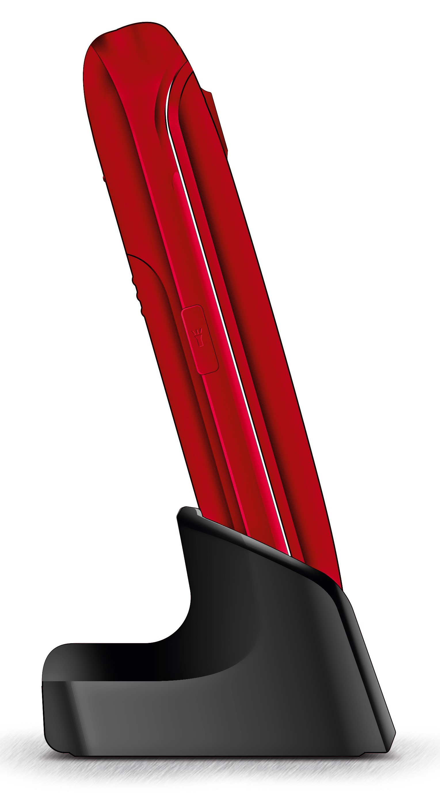 Ein rotes Telefon in einem schwarzen Ständer. Das Telefon ist angewinkelt und zeigt die Seite und Oberseite. Weißer Hintergrund.