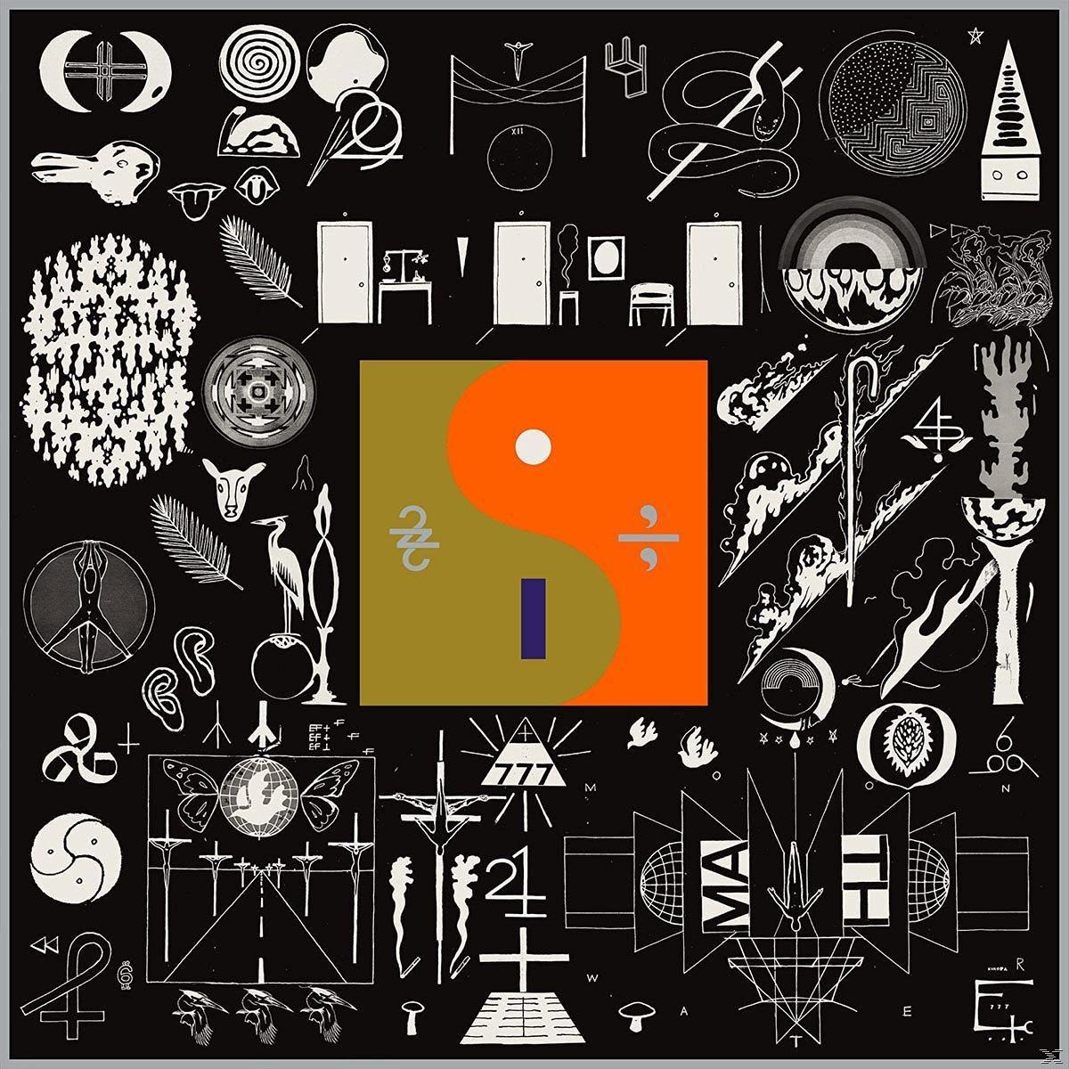 Albumcover mit vielen Symbolen und Formen. Das Zentrum zeigt ein Yin-Yang-Symbol mit Farbabspaltung.