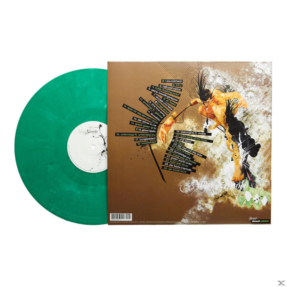 Grüne Vinyl-Schallplatte mit bedrucktem Cover, das eine Figur und Text zeigt.