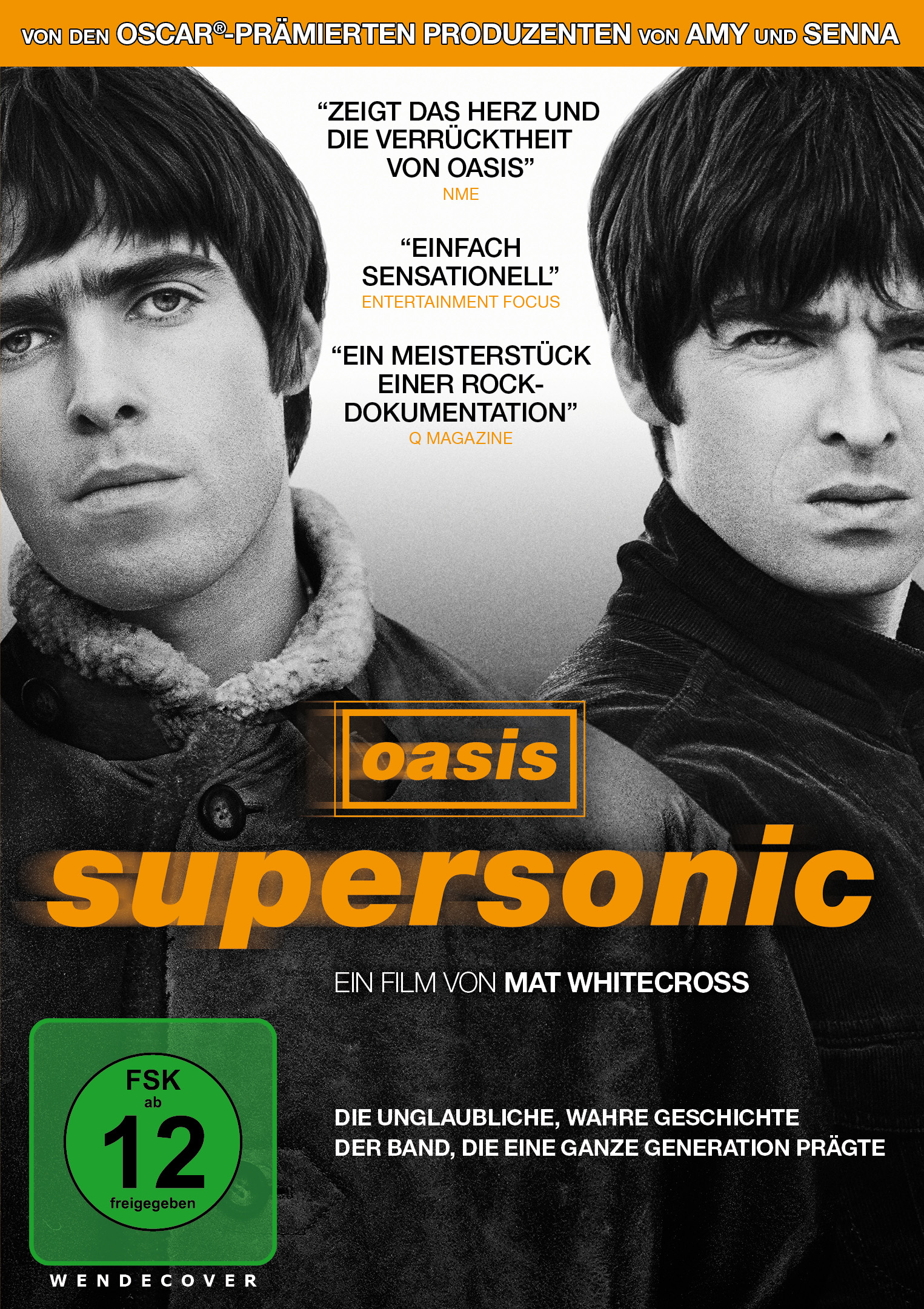 Filmplakat. Zwei Männer mit dunklen Haaren. Text: oasis supersonic. Filmtitel und Bewertung. Schwarz und weiß.