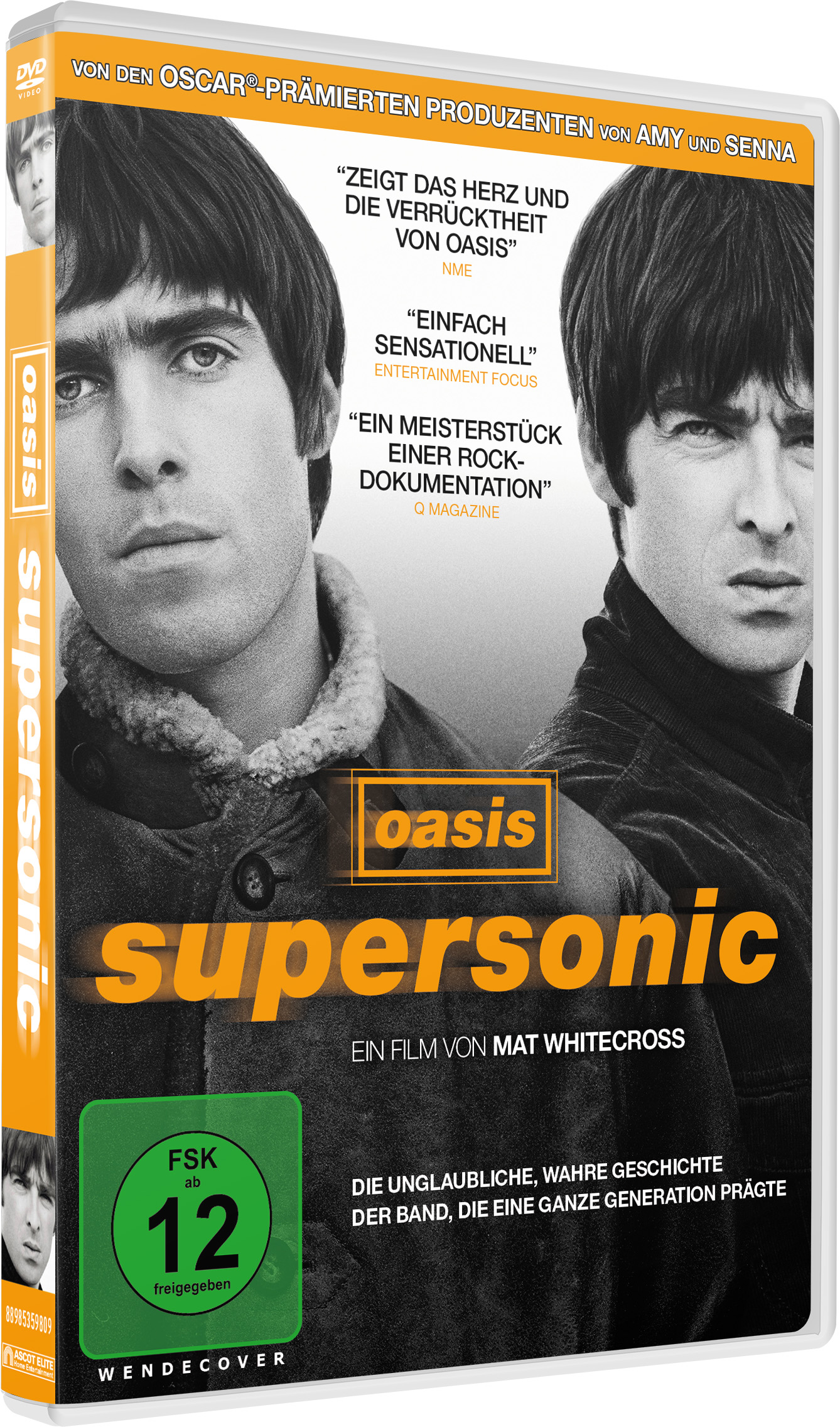 DVD-Cover, Oasis Supersonic. Zwei Männer auf dem Cover. Text: Oasis Supersonic, ein Film von Mat Whitecross. Freigegeben ab 12 Jahren.