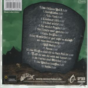 CD-Rückseite mit Titelliste auf einem Grabstein.