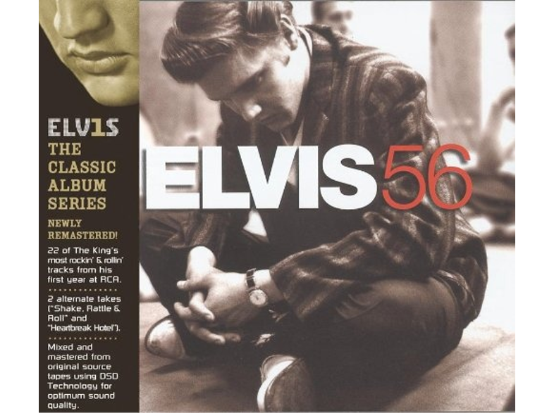 Album borító Elvis-szel. Fekete-fehér fotó piros szöveggel.