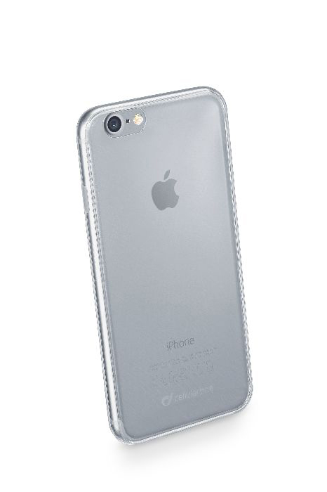 Ein iPhone in einer durchsichtigen Hülle, Rückansicht, Kamera und Apple-Logo.