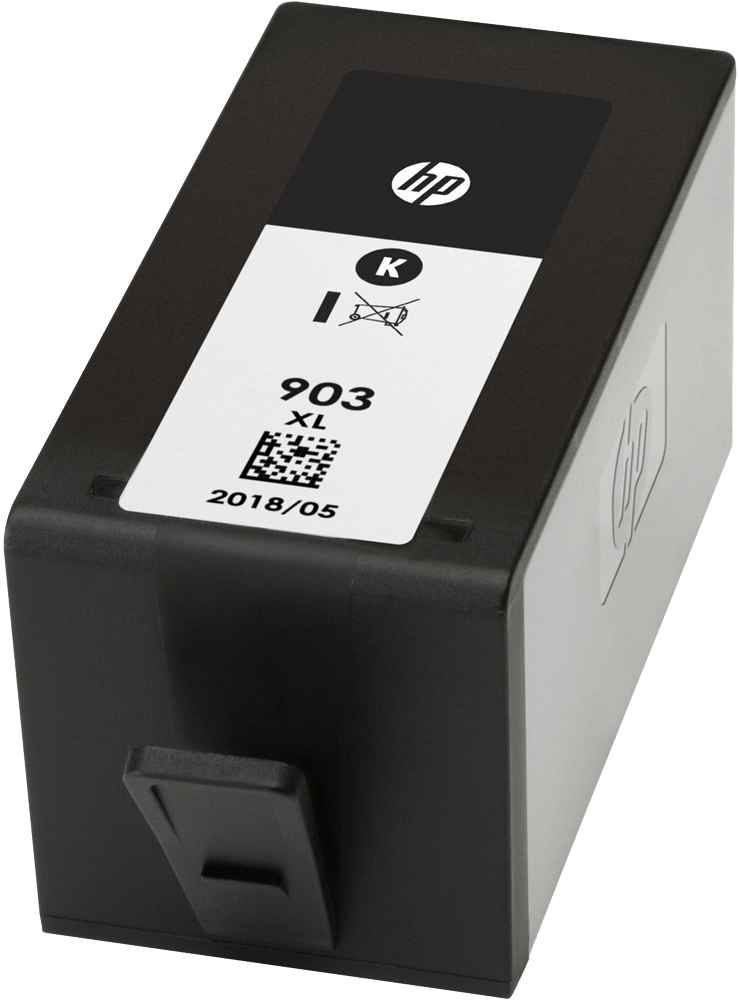 Black HP ink cartridge. Text: 903 XL. White label. Black background.