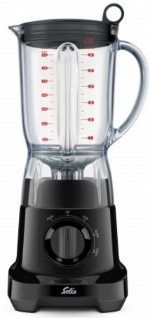 Un blender noir avec un récipient transparent, un couvercle noir et une étiquette Solis.