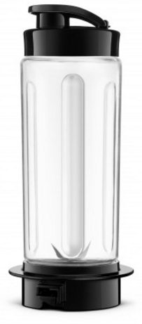 Gobelet de blender transparent avec base et couvercle noirs, lame à l'intérieur.