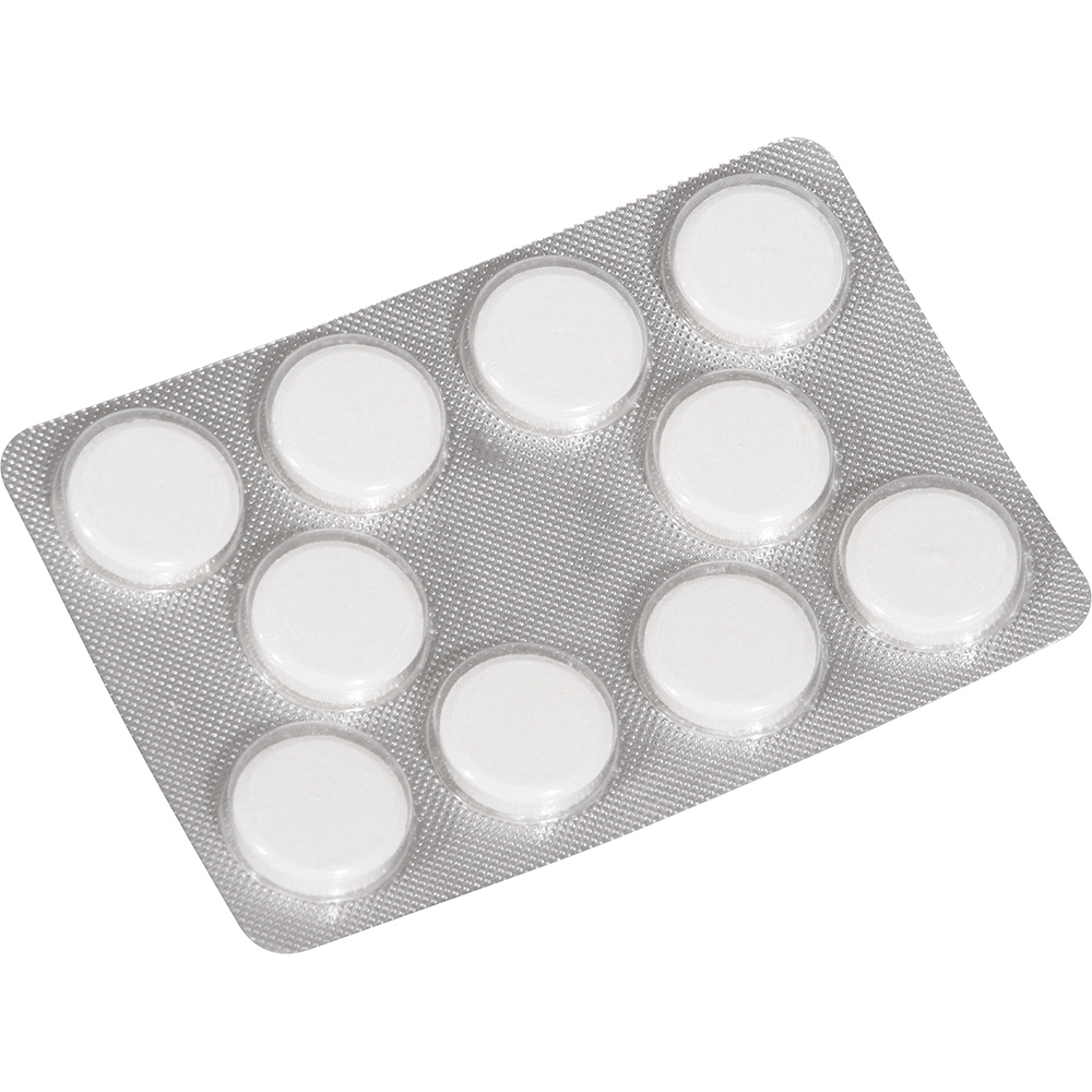 Blister pack of white tablets. Silver and gray packaging. Tablets are round and evenly spaced.