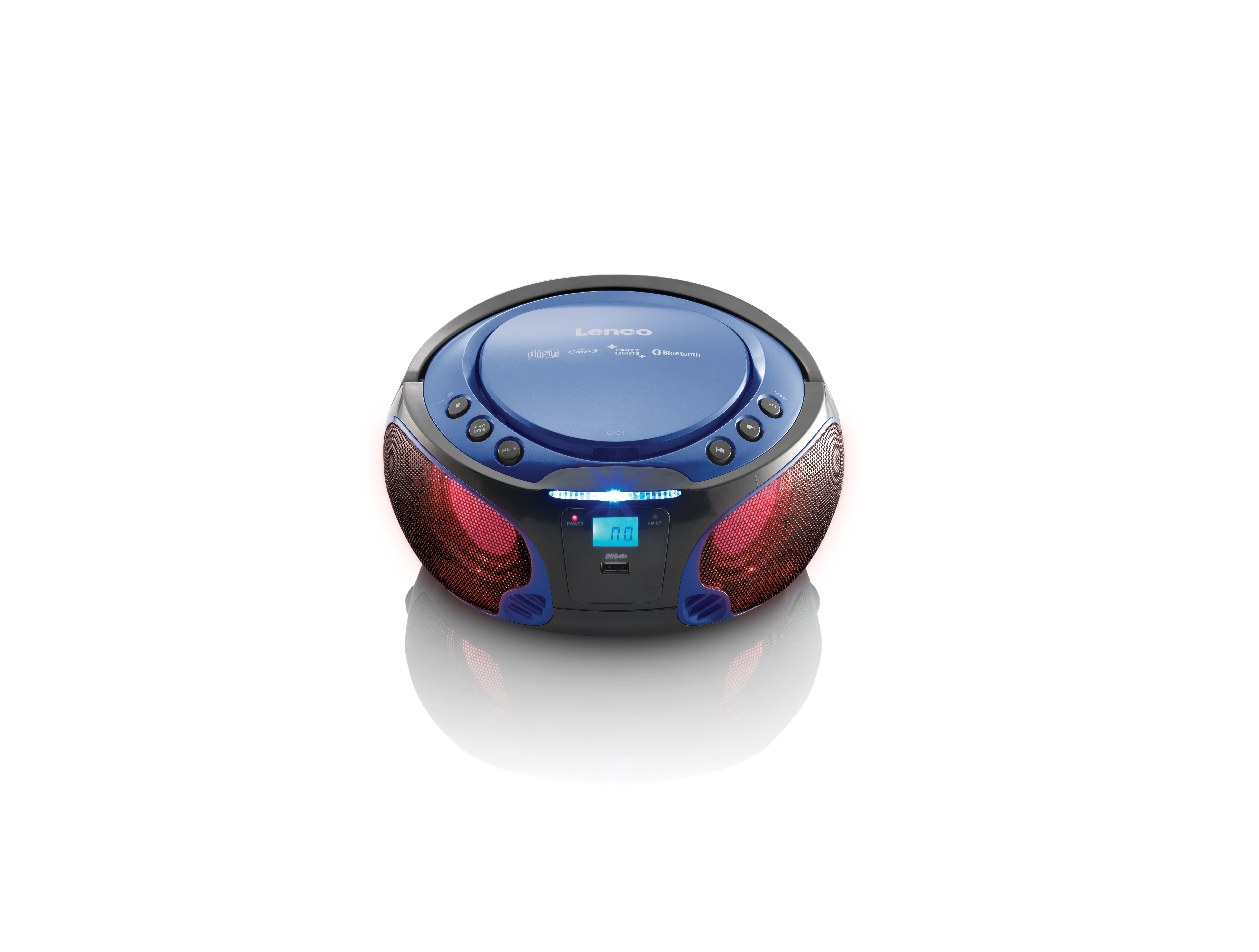 CD-Player: Blauer und schwarzer abgerundeter CD-Player. Rote Lichter sind an den Seiten sichtbar.