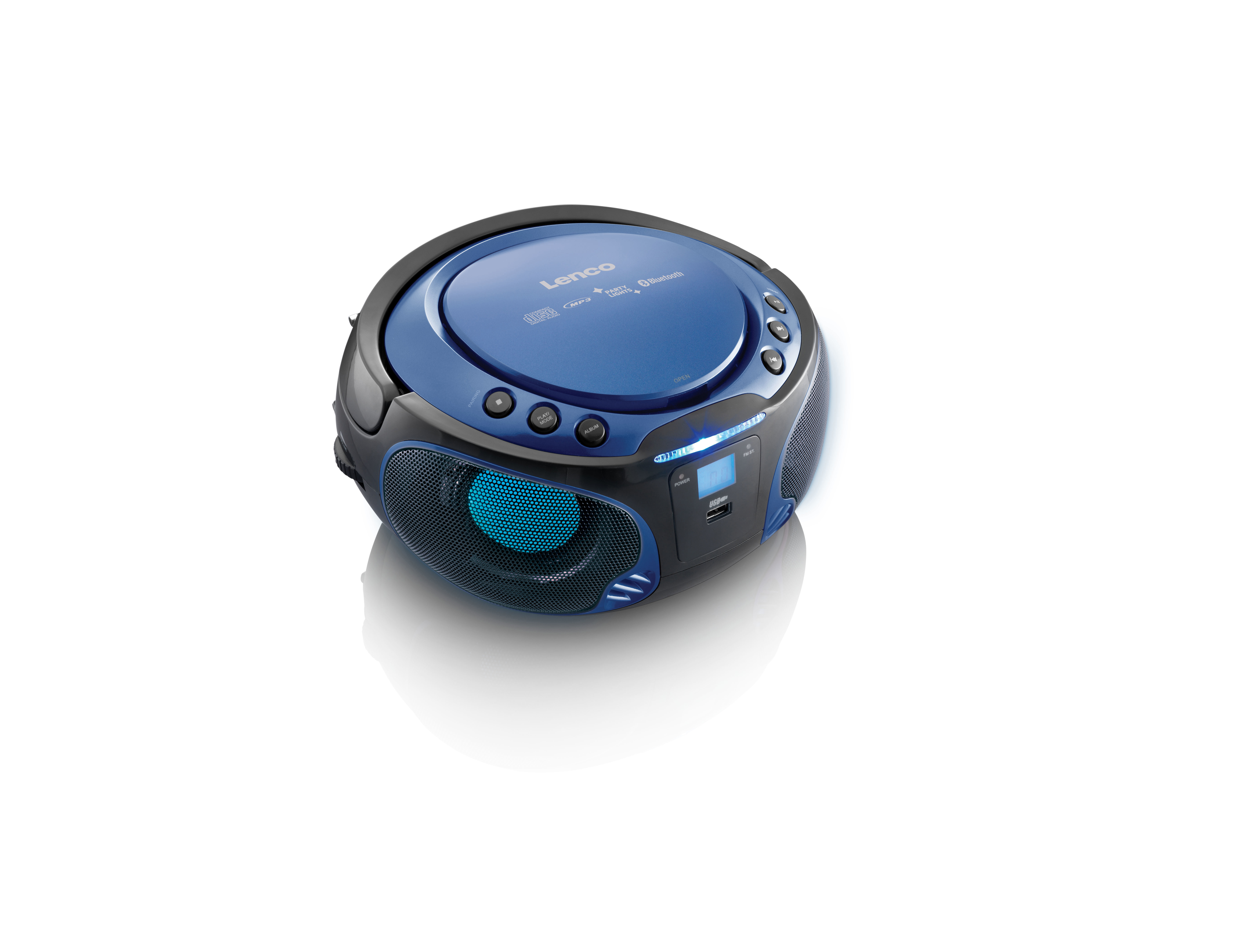 Blau-schwarze Lenco-Boombox auf weißem Hintergrund mit reflektierender Oberfläche.