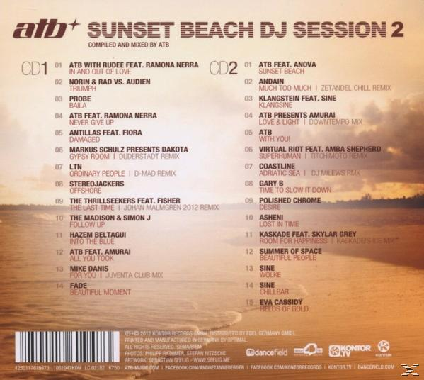 CD-Hülle mit Titellisten und Künstlernamen für 'ATB Sunset Beach DJ Session 2'.