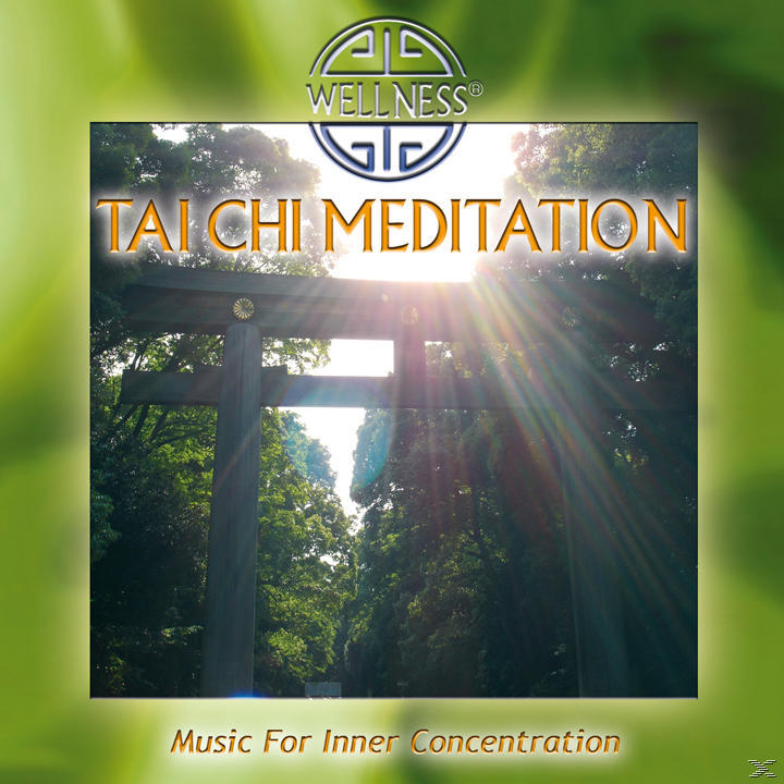 Tai Chi Meditation-Cover. Ein Tor befindet sich in der Mitte mit Sonnenstrahlen. Auf jeder Seite befinden sich grüne Bäume.