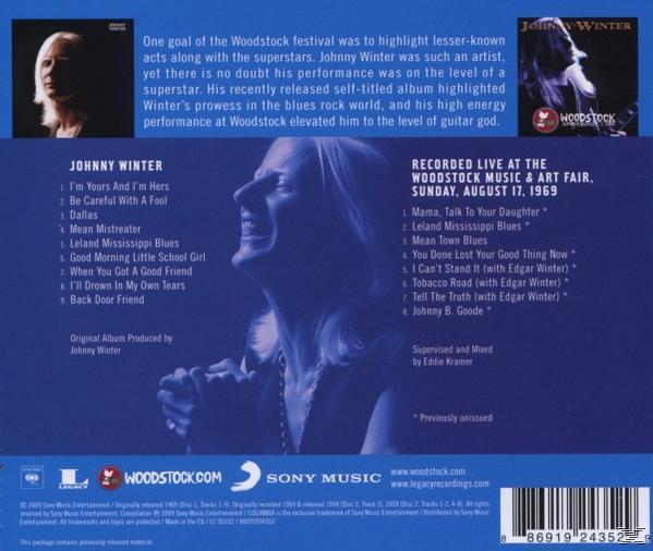 CD-Cover mit Foto von Johnny Winter, Text über Woodstock und Titelliste. Blautöne und Text.