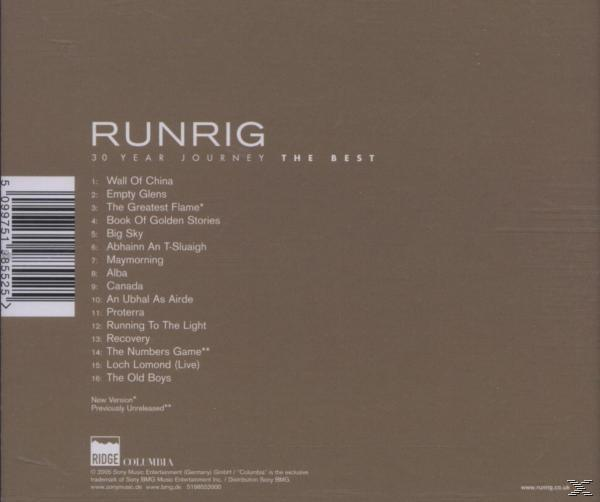 Album-Rückseite mit einer Liste von Songs und Credits und einem braunen Hintergrund. Der Albumtitel lautet "RUNRIG"